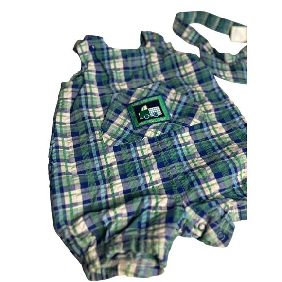 VTG Little-Me Plaid Bubble Romper & Bib Pocket | Embroidered Truck Blue Green - Picture 2 of 8